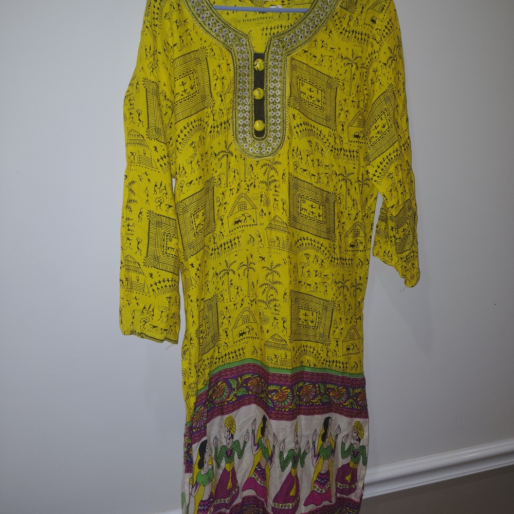 Source Unknown Yellow Ethnic Print Long Sleeve Dress